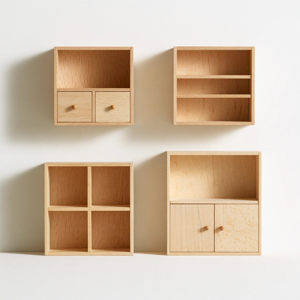 Set di scaffali modulari in miniatura in legno, colore legno naturale