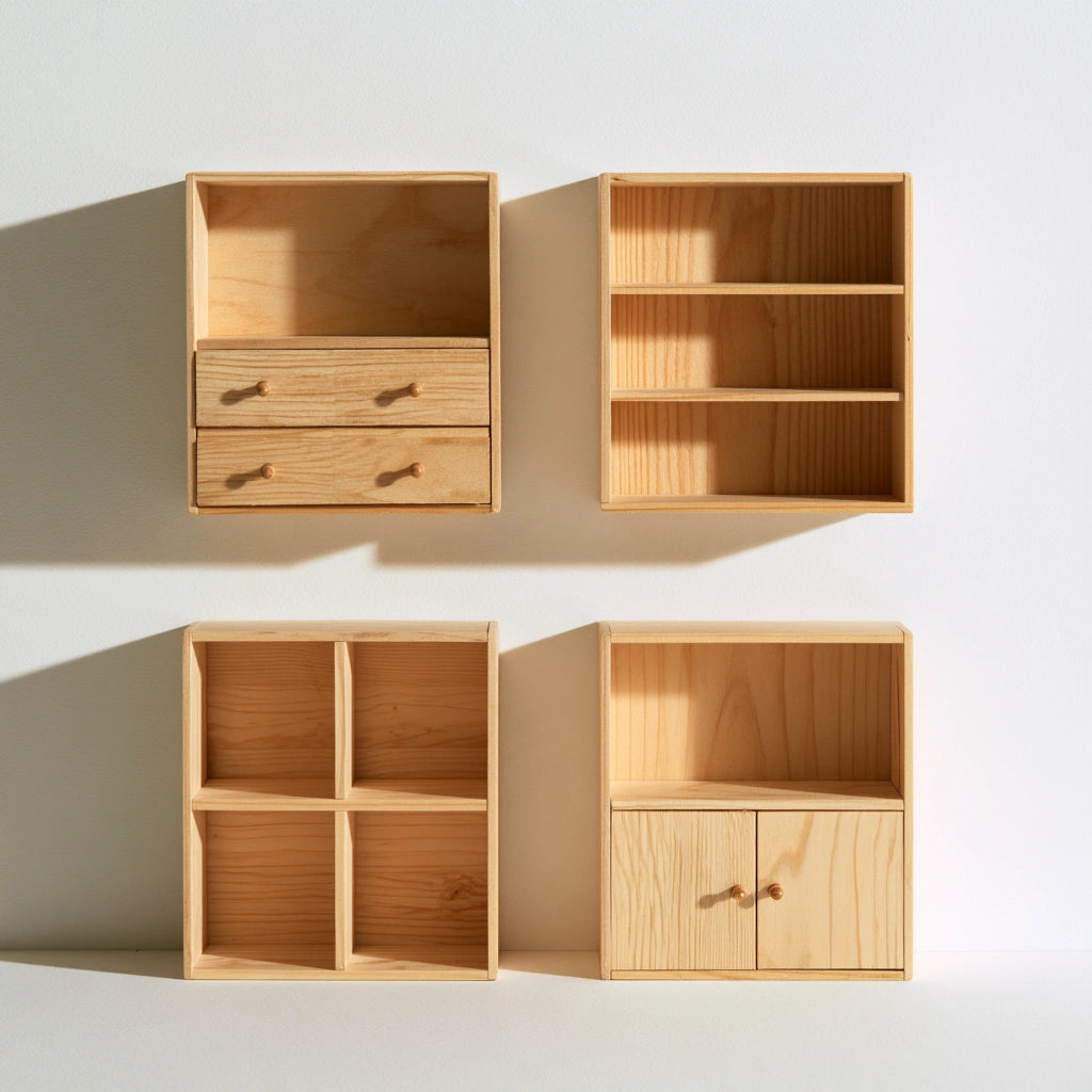 Set di scaffali modulari in miniatura in legno, colore legno naturale