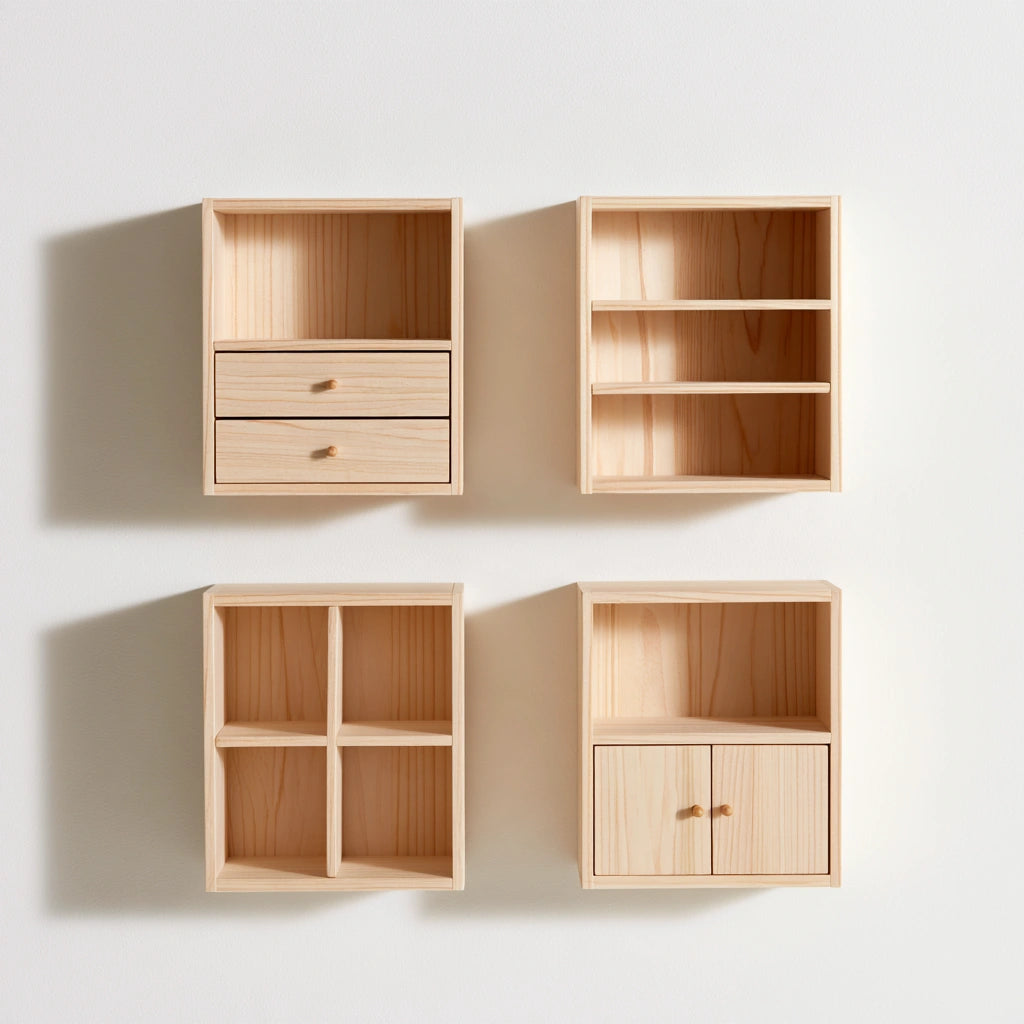 Set di scaffali modulari in miniatura in legno, colore legno naturale